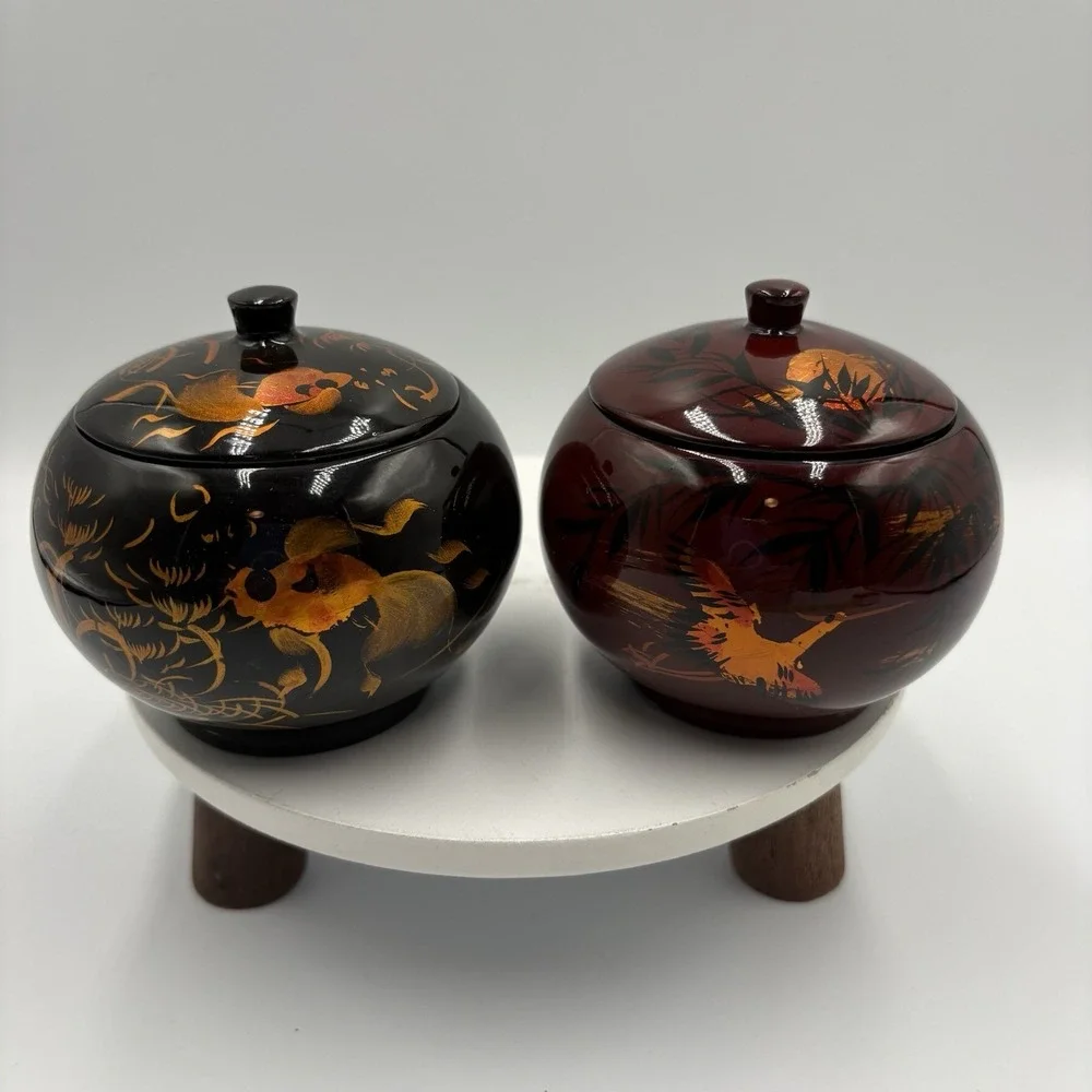 Vtg Asian lacquerware trinket boxes Set Of 2 hand-painted Red Black